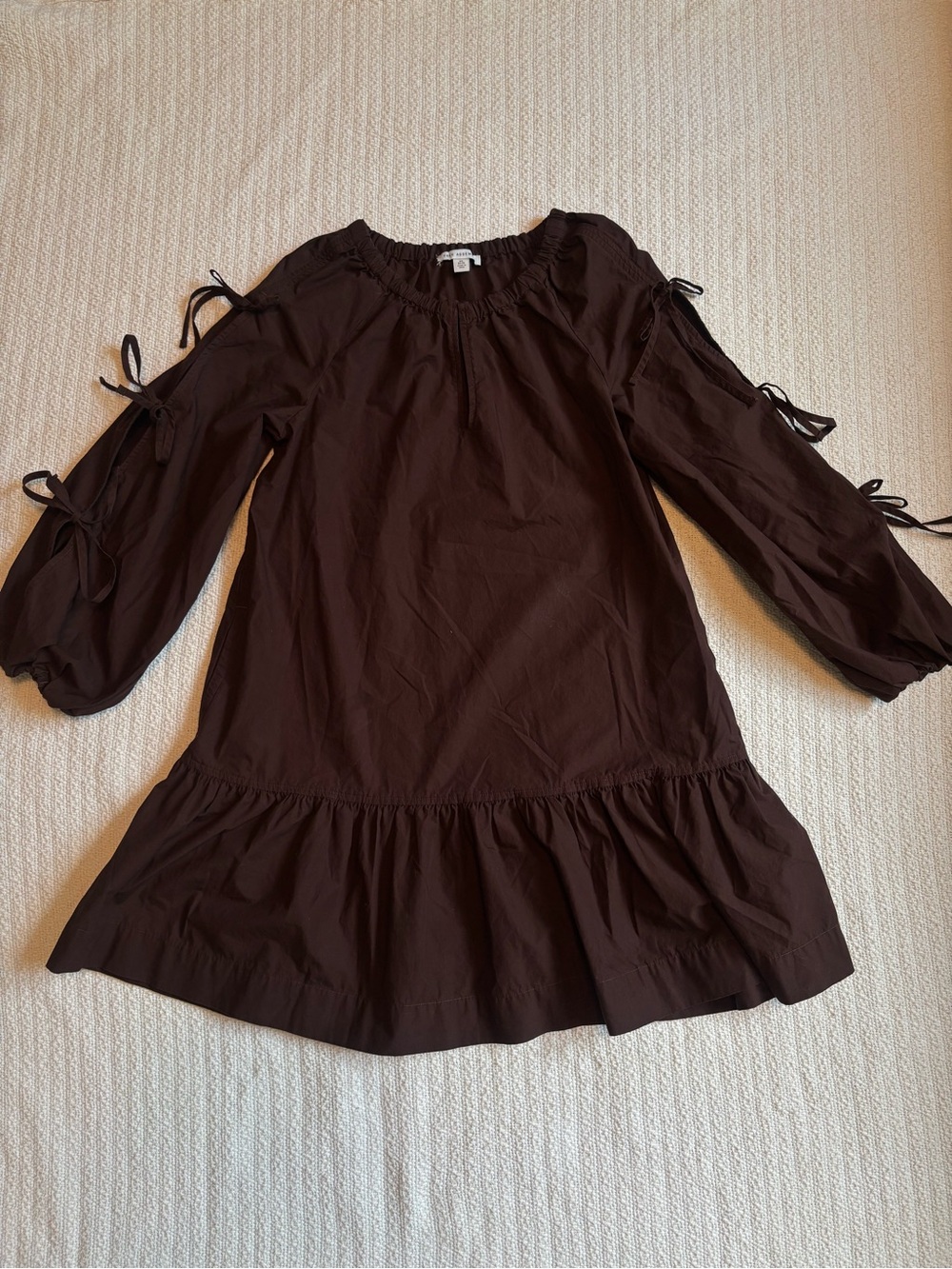 Free Assembly Brown Tie-Sleeve Ruffle Hem Dress